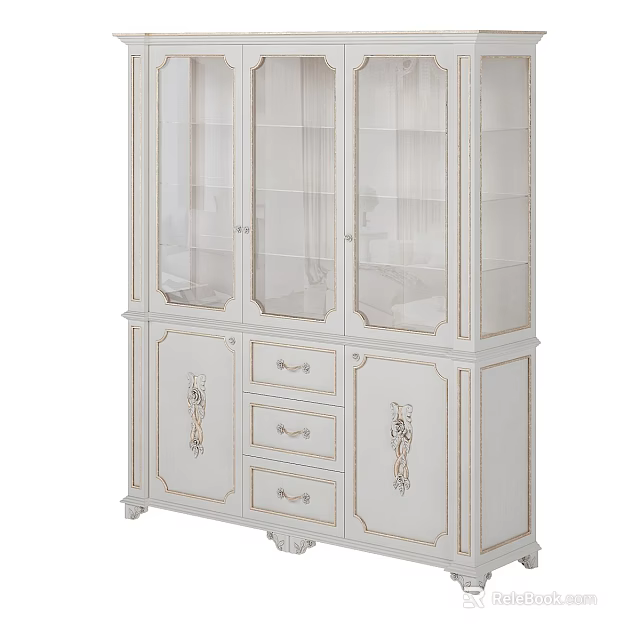 White Wooden Bookcase With Glass Doors Drawers And Decorative Cabinet Design 3d model 