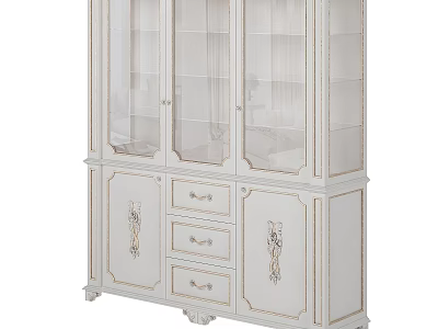 White Wooden Bookcase With Glass Doors Drawers And Decorative Cabinet Design 3d model