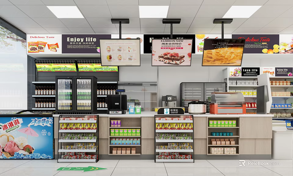 Supermarket Retail Space with Shelves Full of Products Refrigerated Cases and Promotional Screens 3d model 