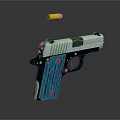 Blue Grip Silver Barrel Pistol With Flying Bullet In Mid Air Design