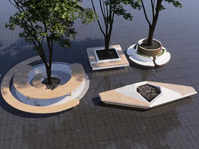 Modern Tree Planters With Various Shapes And Wooden Stone Elements In Urban Paved Area 3d model