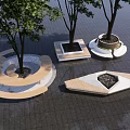 Modern Tree Planters With Various Shapes And Wooden Stone Elements In Urban Paved Area