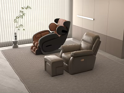Brown Black Leather Massage Chair With Ottoman In Modern Interior On Textured Rug 3d model