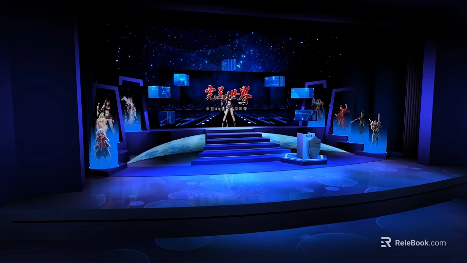 Stunning Star Avenue Stage Design with Blue Lighting Steps Large Screens and Silhouettes 3d model 