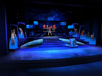 Stunning Star Avenue Stage Design with Blue Lighting Steps Large Screens and Silhouettes 3d model
