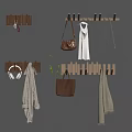Wooden Wall Hooks On Gray Wall With Hanging Headphones Coat Bag Scarf And Plant