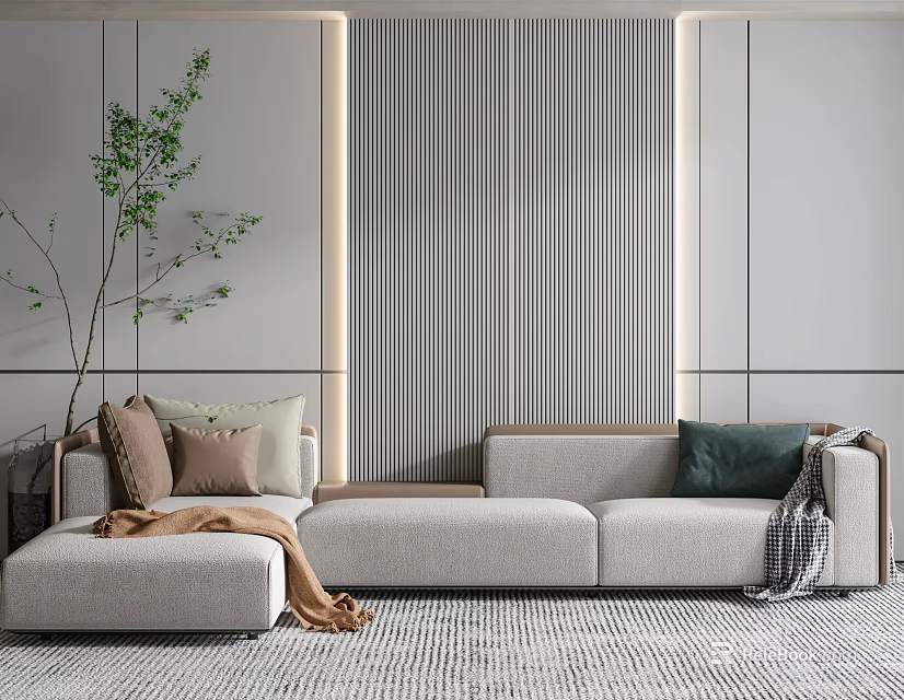 Modern Sectional Sofa With Beige Upholstery Throw Pillows And Green Plant In Living Room 3d model 