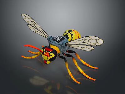 Wasp 3D Model With Detailed Yellow Black Body Transparent Wings Orange Legs Red Yellow Head 3d model