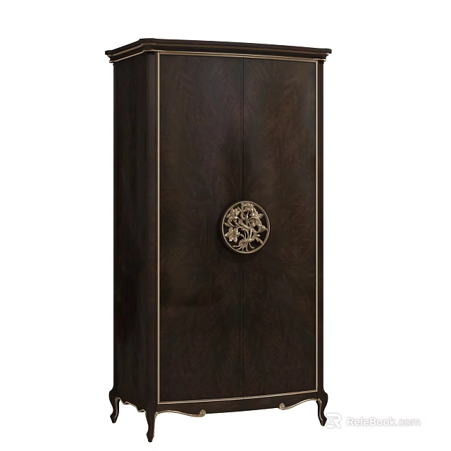 Classic Dark Wood Wardrobe Design With Intricate Golden Carved Handle And Elegant Frame Detailing 3d model 