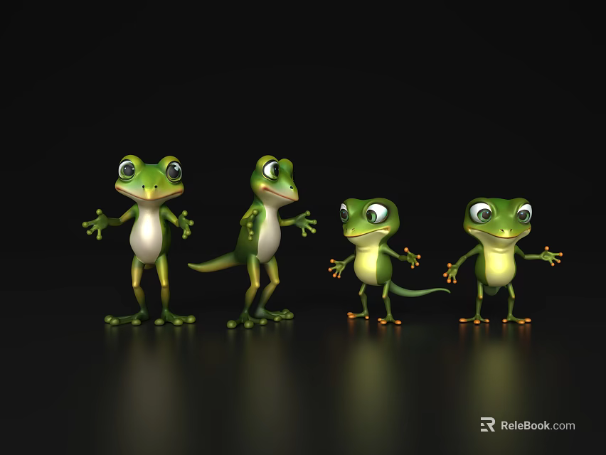 Aquatic Animals Four Green Cartoon Frogs With Different Poses On Black Background And Reflection 3d model 