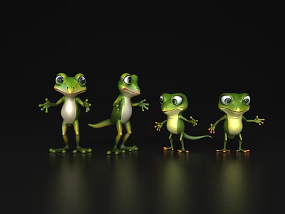Aquatic Animals Four Green Cartoon Frogs With Different Poses On Black Background And Reflection 3d model
