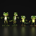 Aquatic Animals Four Green Cartoon Frogs With Different Poses On Black Background And Reflection