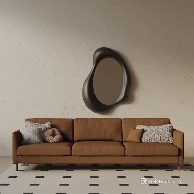 Brown Three Seater Sofa With Throw Pillows And Irregular Shaped Mirror In Modern Interior 3d model