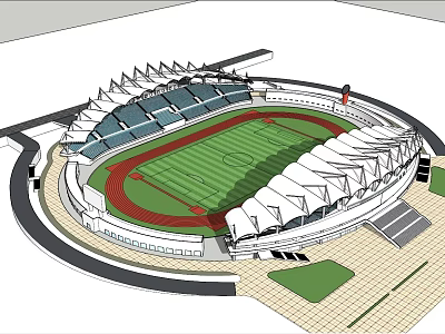Modern Circular Stadium With White Canopy Seats Green Turf And Red Track 3d model