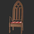 Gothic Style Wooden Chair With Carved Backrest Red White Checkered Cushion And Armrests