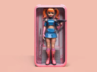 Game Film Character With Orange Pigtails Blue Miniskirt Holding Gun Pink Boots In Pink Case 3d model