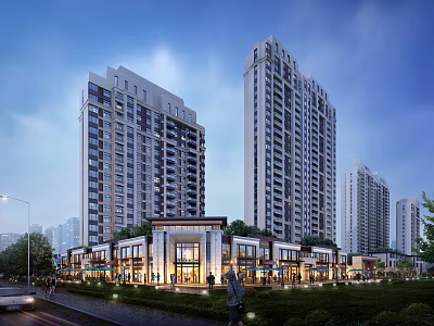 High Rise Modern Residential Building Complex With Retail Shops And Landscaped Gardens 3d model