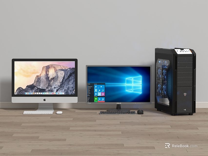 Modern Computer Setup With Dual Monitors Desktop Tower And Workspace Design 3d model 