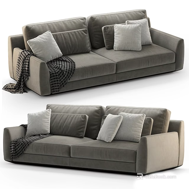 Modern Gray Two Seater Sofa With Soft Pillows And Knitted Blanket 3d model