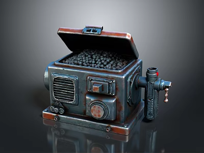 Vintage Industrial Metal Equipment Featuring Open Lid Black Granules And Mechanical Parts 3d model