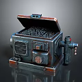 Vintage Industrial Metal Equipment Featuring Open Lid Black Granules And Mechanical Parts