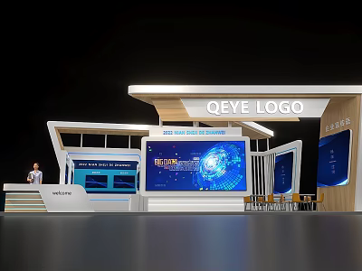 Modern Exhibition Booth Design Featuring QEYE LOGO With Large Digital Screen And Display Panels 3d model