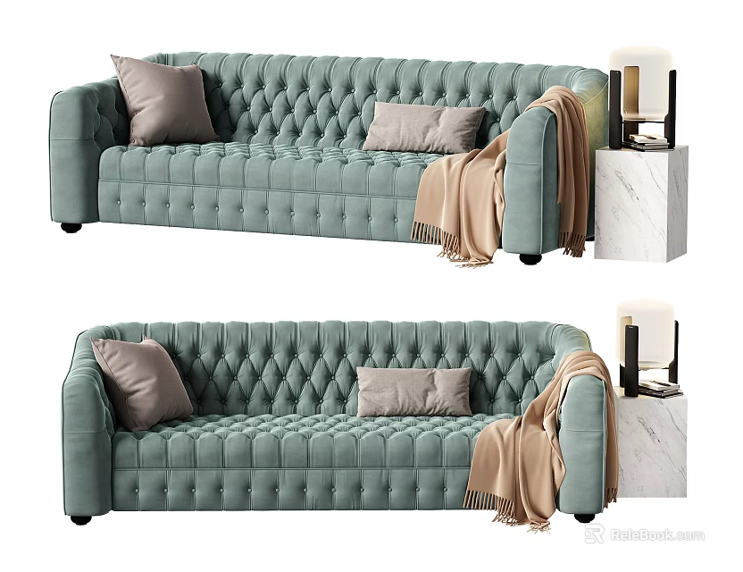 Light Green Tufted Large Sofa with Decorative Pillows Throw Blanket and Marble Side Table 3d model 