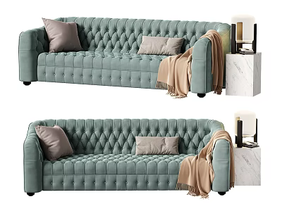 Light Green Tufted Large Sofa with Decorative Pillows Throw Blanket and Marble Side Table 3d model