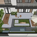 Modern Courtyard Garden With Waterfall Feature Green Lawn Stone Pathway And Wooden Seating