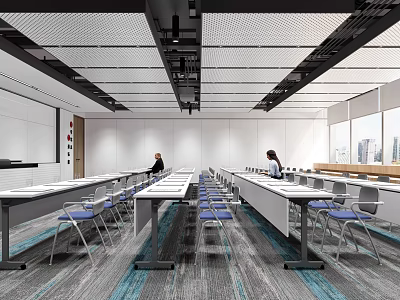Modern Meeting Room Interior With Long Tables Blue Chairs And Large Windows 3d model