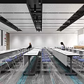 Modern Meeting Room Interior With Long Tables Blue Chairs And Large Windows