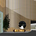 Cultural Center Interior With Wooden Striped Walls Globe Green Plants And Display Area