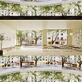 Dessert Café Interior Design with Hanging Lights Cozy Tables Chairs and Modern Counter