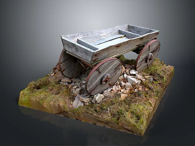 Vintage Old Wooden Cart With Two Large Wheels And Red Rims On Grass Stones Base 3d model