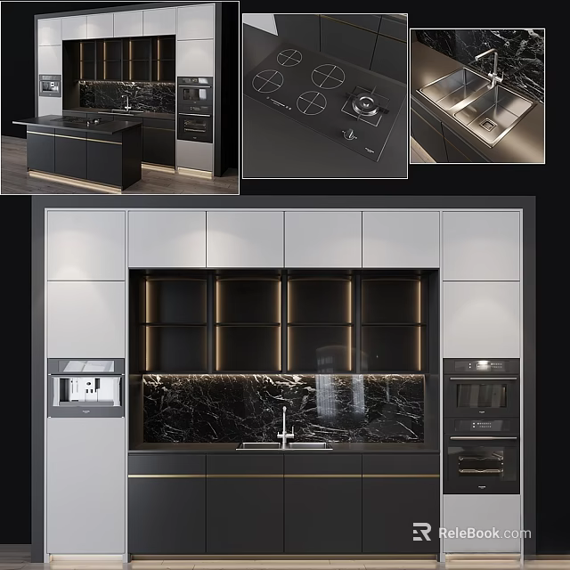 Modern Kitchen Cabinets Design With Marble Backsplash And Built In Appliances 3d model 