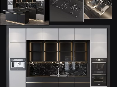 Modern Kitchen Cabinets Design With Marble Backsplash And Built In Appliances 3d model