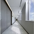 Elevator Hallway Long Corridor With Gray Doors White Walls Marble Flooring And Natural Light