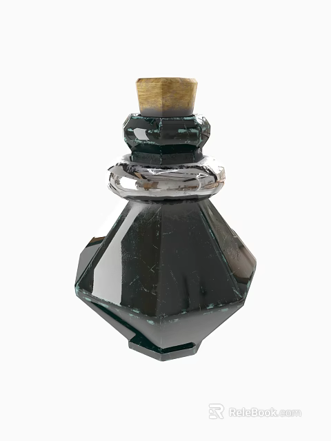 Elegant Dark Crystal Wine Bottle And Glass Featuring Geometric Cut Facets Golden Cap Transparent Base 3d model 