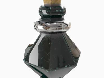 Elegant Dark Crystal Wine Bottle And Glass Featuring Geometric Cut Facets Golden Cap Transparent Base 3d model