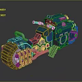 Blue Armored Motorcycle With Track Wheels Number 75 And Mechanical Details
