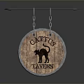 Vintage Wooden Cactus Tavern Sign With Cat Silhouette Circular Design Hanging On Metal Pole