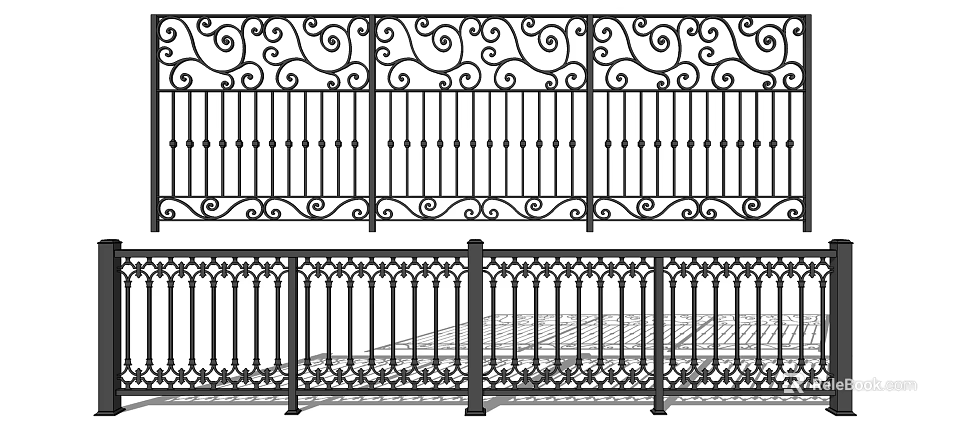 Wrought Iron Fence with Intricate Scroll Patterns and Ornate Railings for Garden Decoration 3d model 