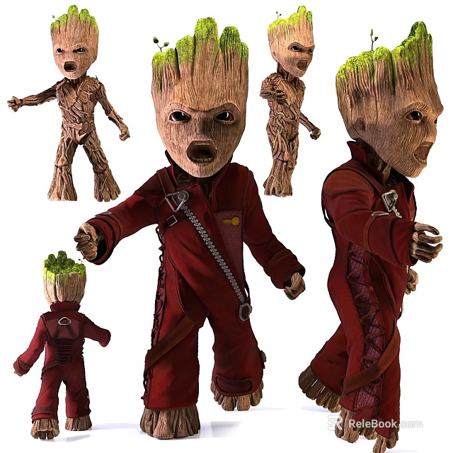 Multiple Groot Characters In Red Outfits With Green Hair And Different Poses 3d model 