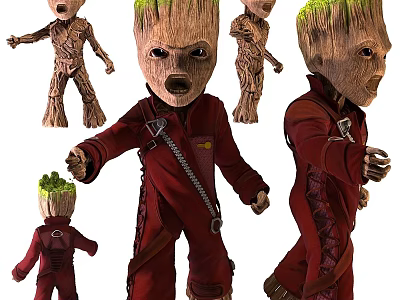Multiple Groot Characters In Red Outfits With Green Hair And Different Poses 3d model