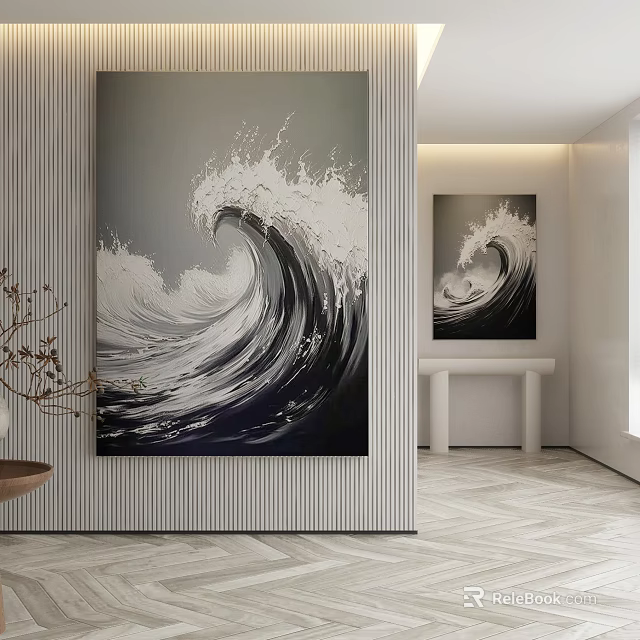 Modern Interior Featuring Black and White Abstract Wave Paintings as Wall Art 3d model 