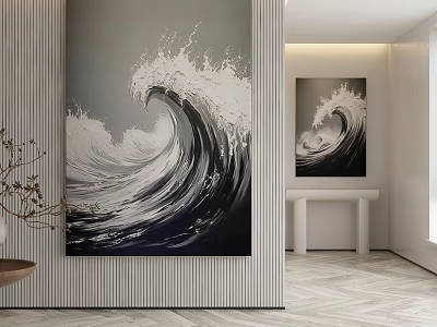 Modern Interior Featuring Black and White Abstract Wave Paintings as Wall Art 3d model