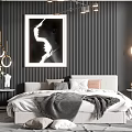 Modern Bedroom Interior Design With Striped Walls Black White Portrait And Chandelier