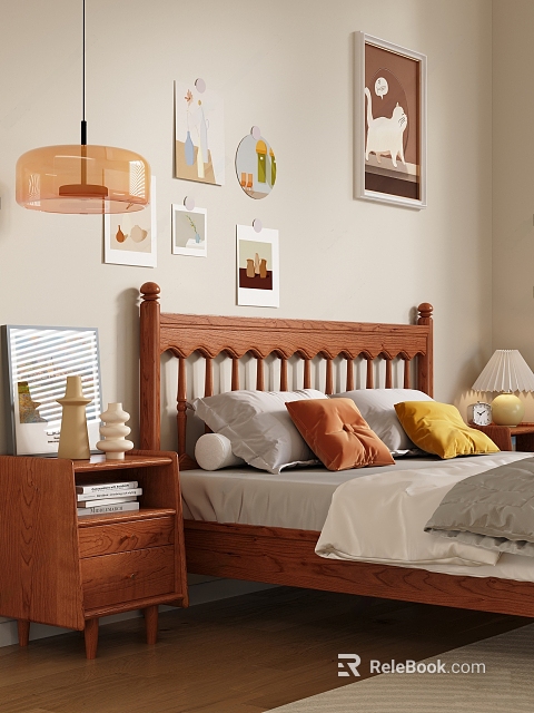 Double Bed With Wooden Headboard Nightstands Table Lamp And Decorative Wall Paintings 3d model 