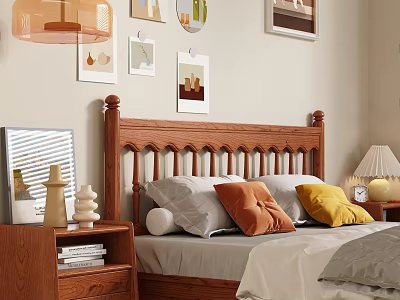 Double bed solid wood bedside table bedside chandelier bedside picture carpet quilt 3d model