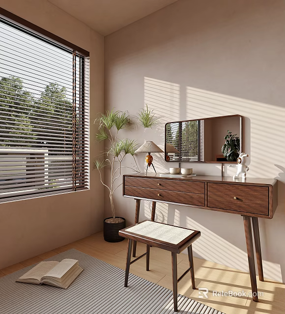 Modern Dressing Table With Mirror Lamp Potted Plant And Stool By Window With Blinds 3d model 